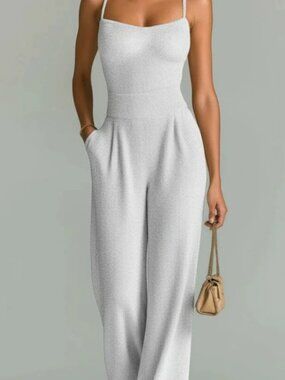 Women's Casual Ribbed Sleeveless Wide-Leg Jumpsuit
